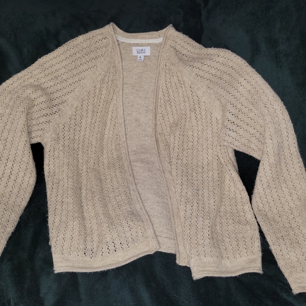 Light Tan And Gold Open-Front Knit Cardigan